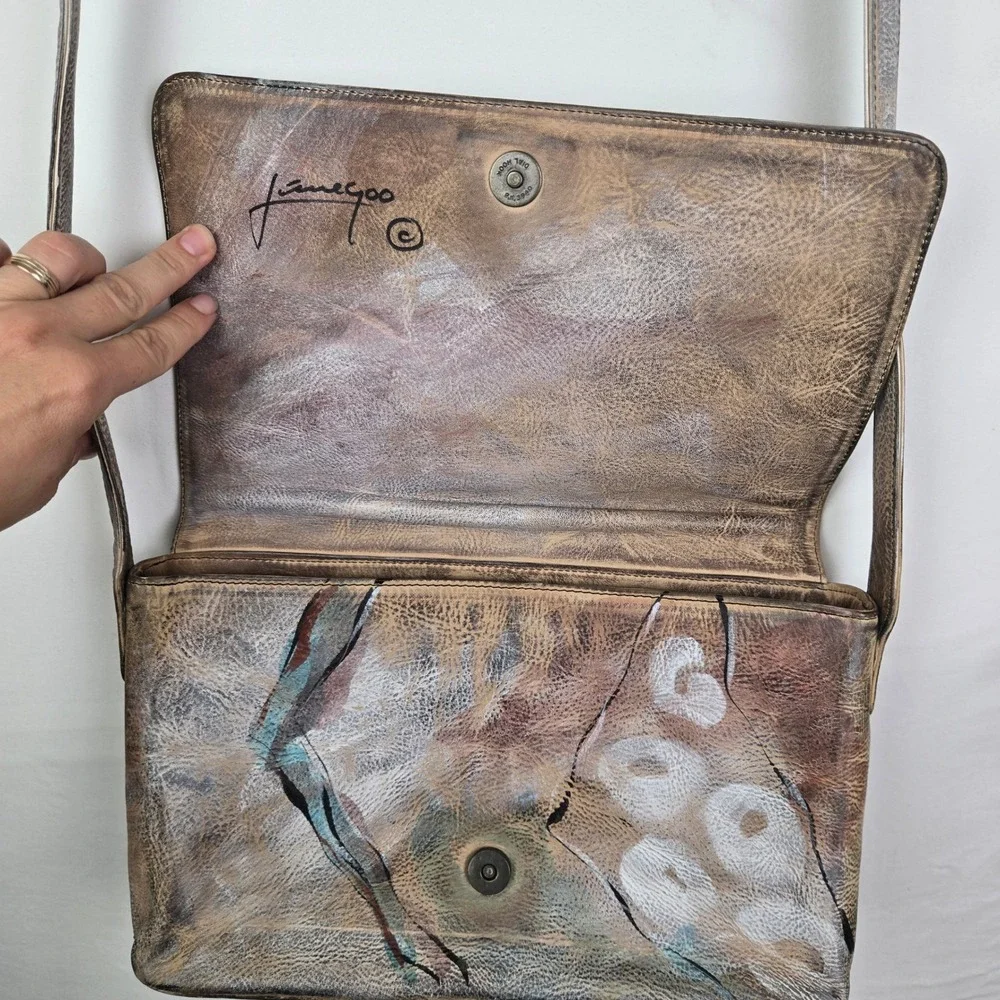 Jane Yoo Painted Leather Crossbody Bag Abstract Metallic Vintage Art to wear